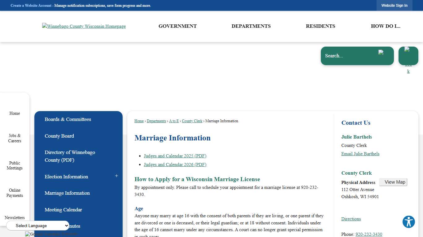 Marriage Information Winnebago County, WI